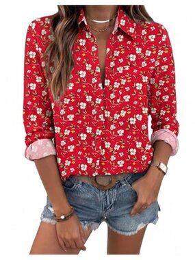 Womens Button Down Blouse Long Sleeve V Neck Casual Work Office Shirt Printed